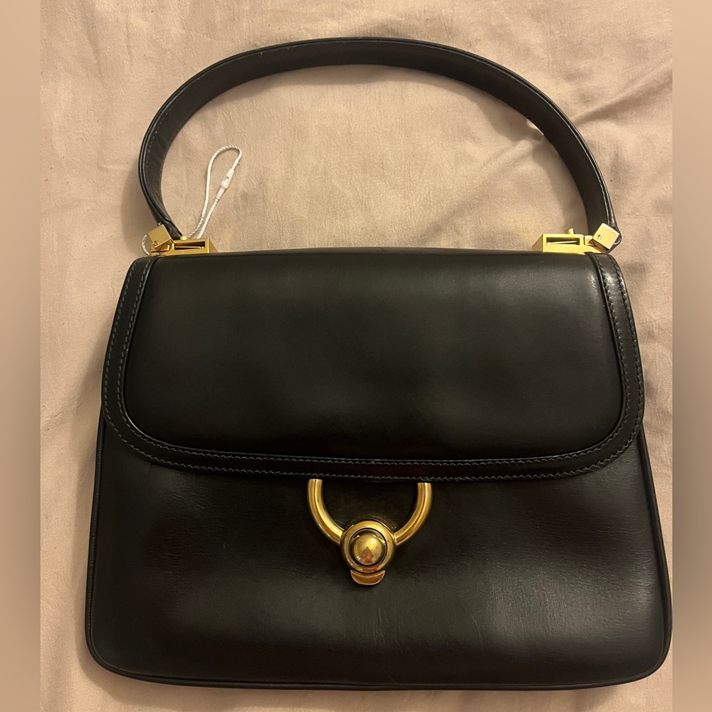 Vintage Gucci Black leather Handbag with Gold Accents